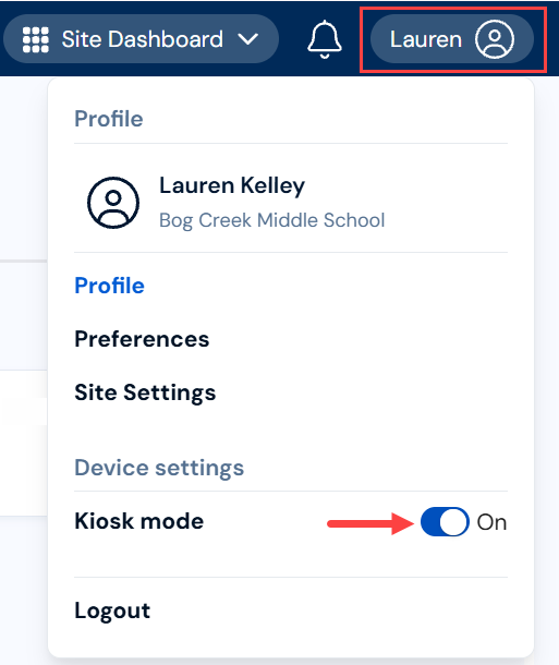 Profile option and Kiosk mode highlighted.