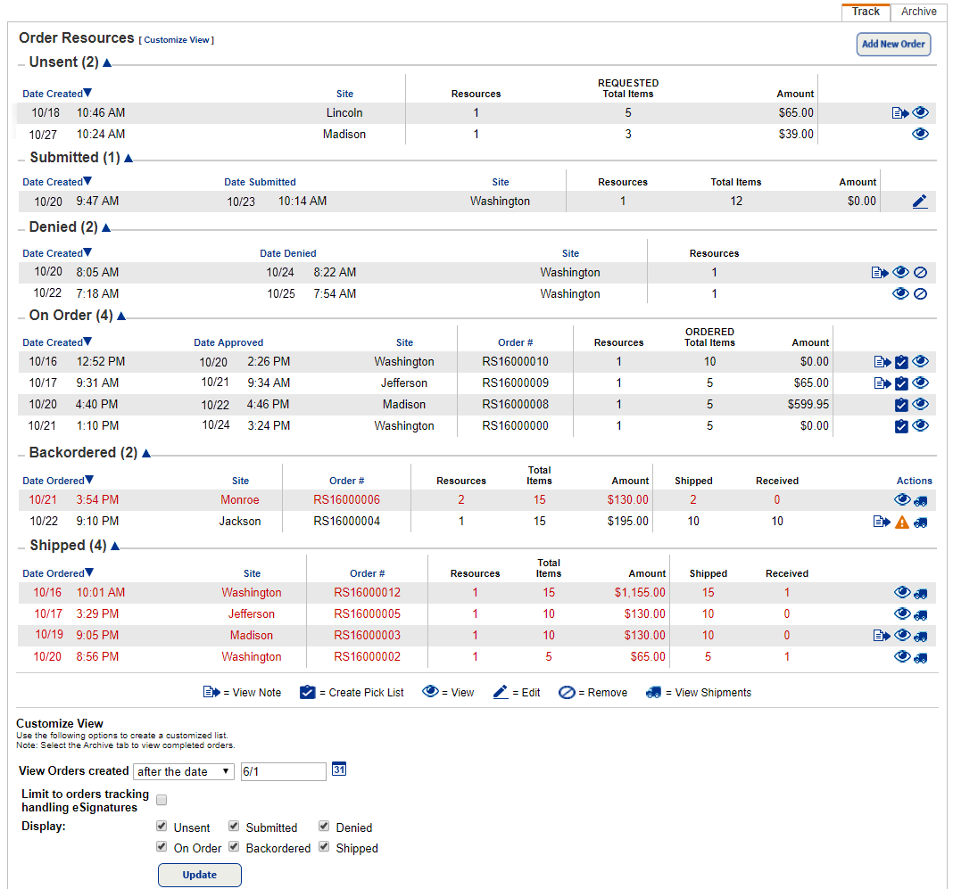 District User's view of the Resource Orders, track sub-tab.
