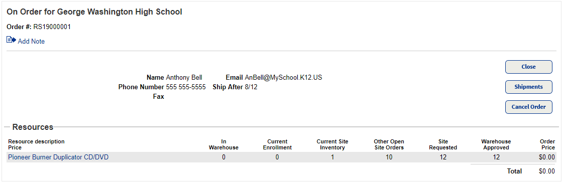 District Warehouse view of the On Order page with one resource