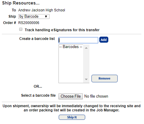 Ship resources by creating a barcode list.